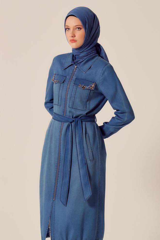 Hijab clothing BLUE BELTED DENIM JACKET 45476 - ALVİNA