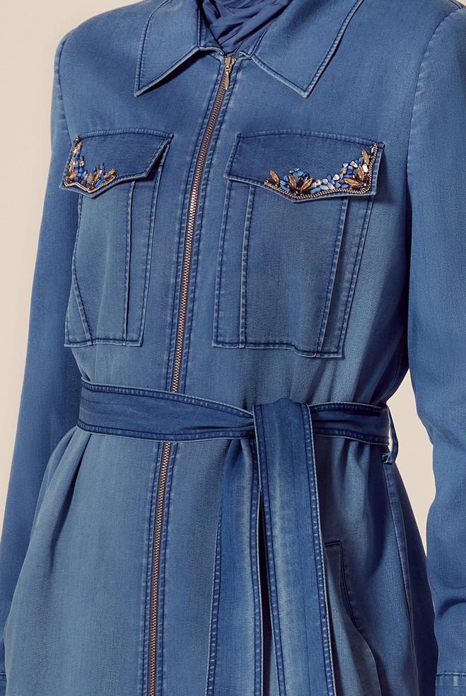 Hijab clothing BLUE BELTED DENIM JACKET 45476 - ALVİNA
