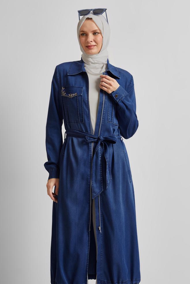 Hijab clothing NAVY BLUE BELTED DENIM JACKET 45476 - ALVİNA
