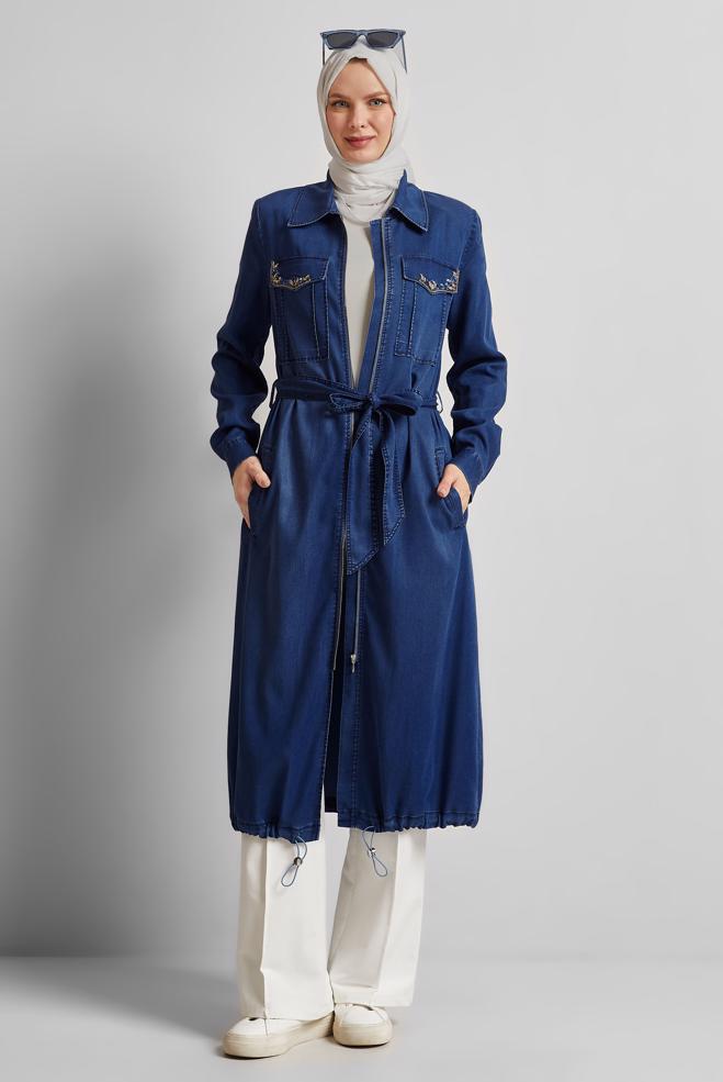 Hijab clothing NAVY BLUE BELTED DENIM JACKET 45476 - ALVİNA