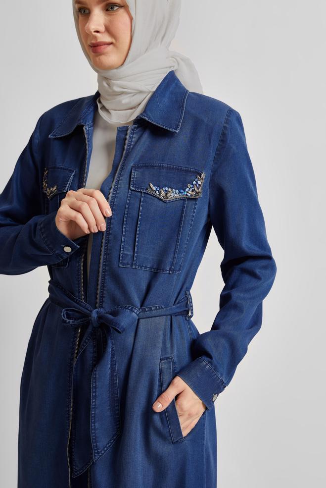 Hijab clothing NAVY BLUE BELTED DENIM JACKET 45476 - ALVİNA