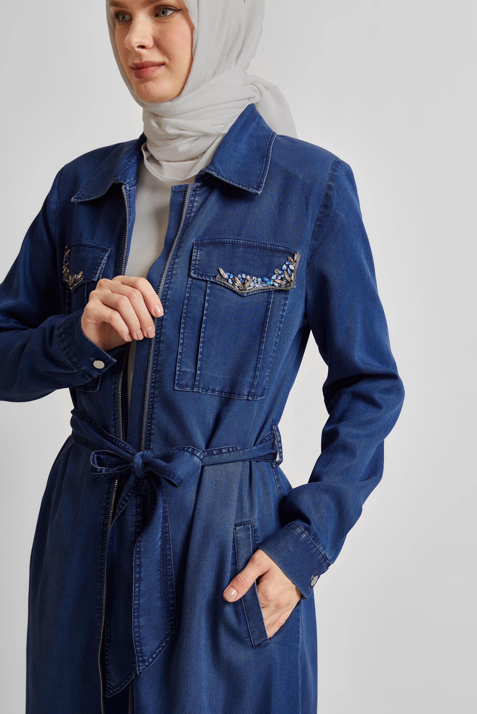 Tesettür giyim LACİVERT KUŞAKLI DENİM GİY ÇIK 45476