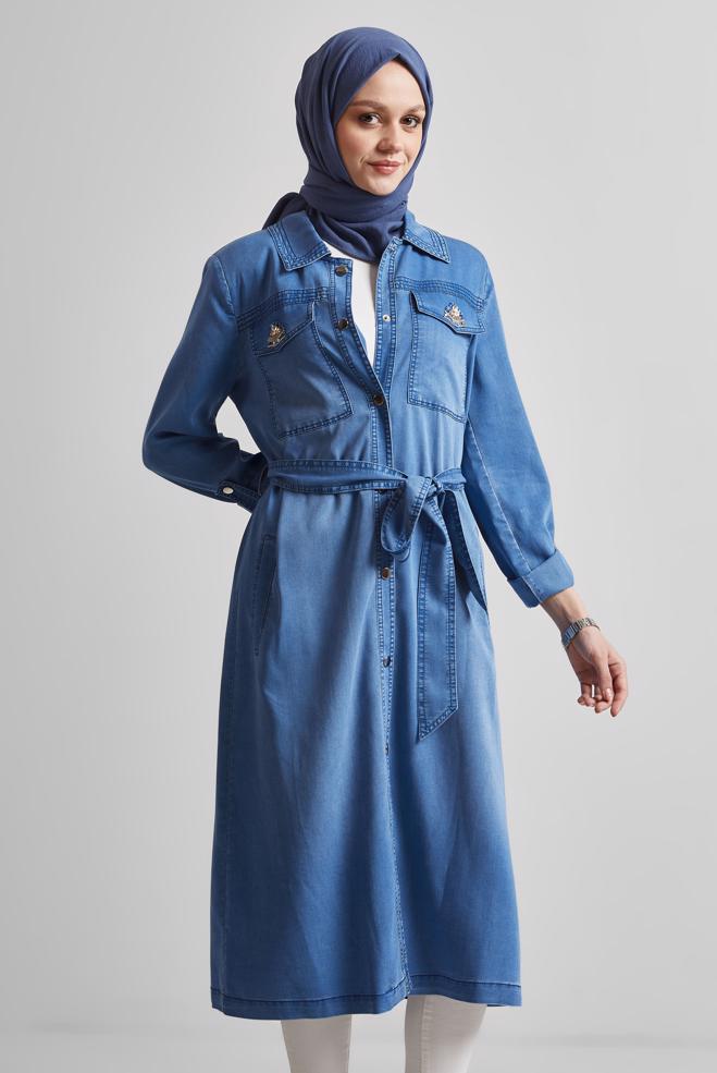 Hijab clothing BLUE BELTED DENIM JACKET 45477 - ALVİNA