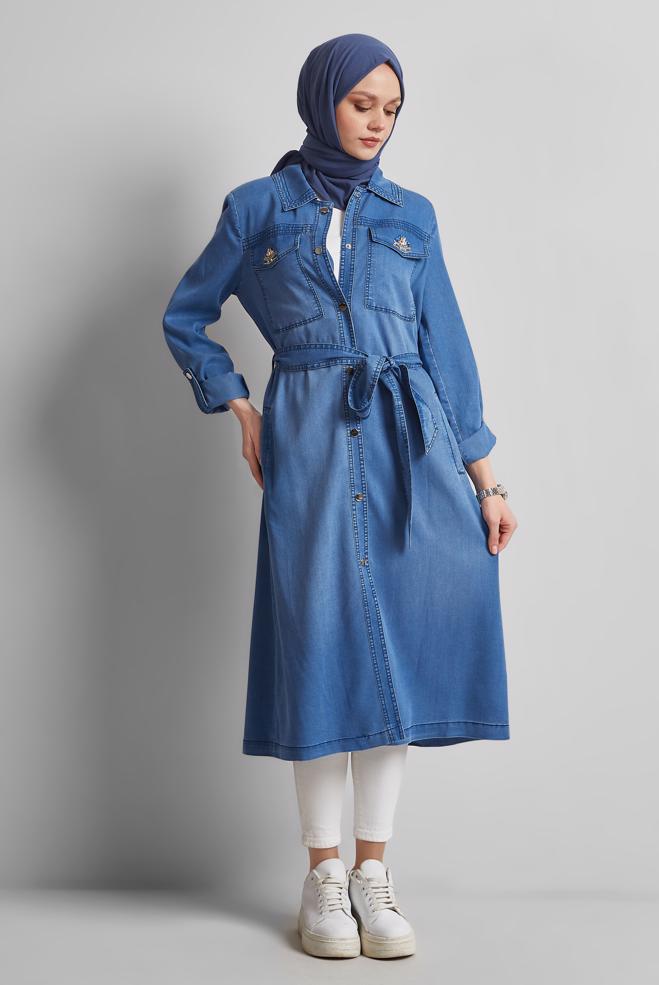 Hijab clothing BLUE BELTED DENIM JACKET 45477 - ALVİNA