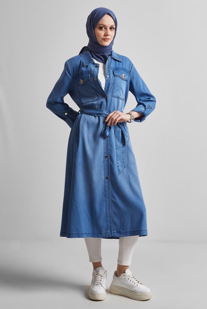 Hijab clothing BLUE BELTED DENIM JACKET 45477 - ALVİNA