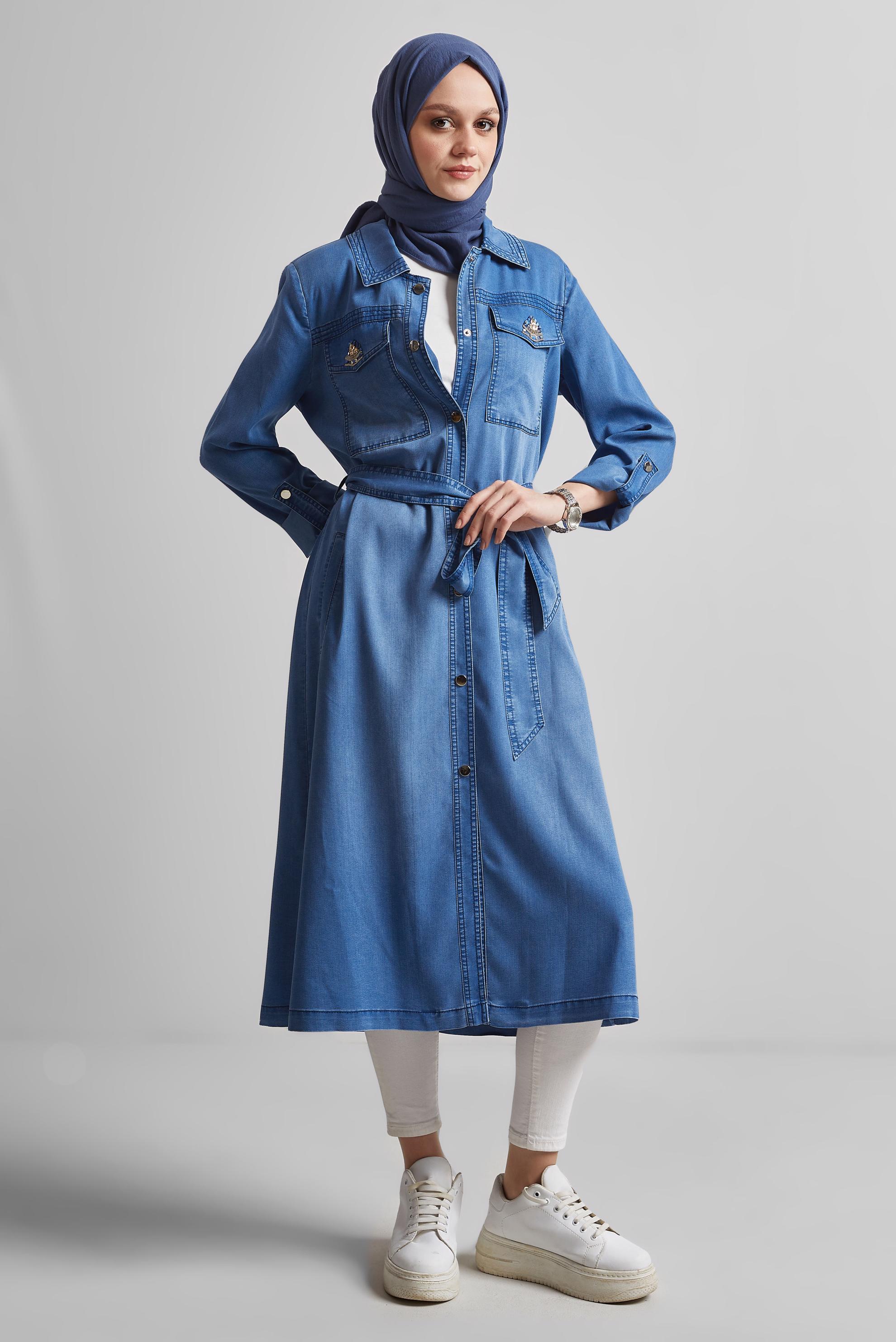 Tesettür giyim MAVİ KUŞAKLI DENİM GİY ÇIK 45477