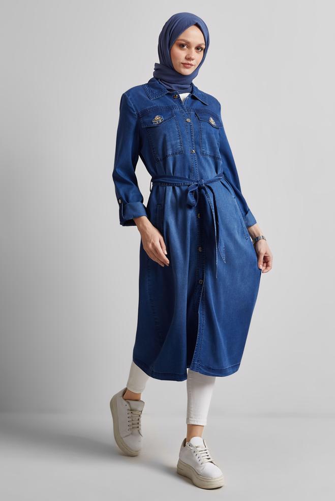 Hijab clothing NAVY BLUE BELTED DENIM JACKET 45477 - ALVİNA