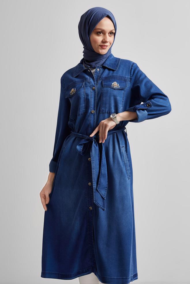Hijab clothing NAVY BLUE BELTED DENIM JACKET 45477 - ALVİNA