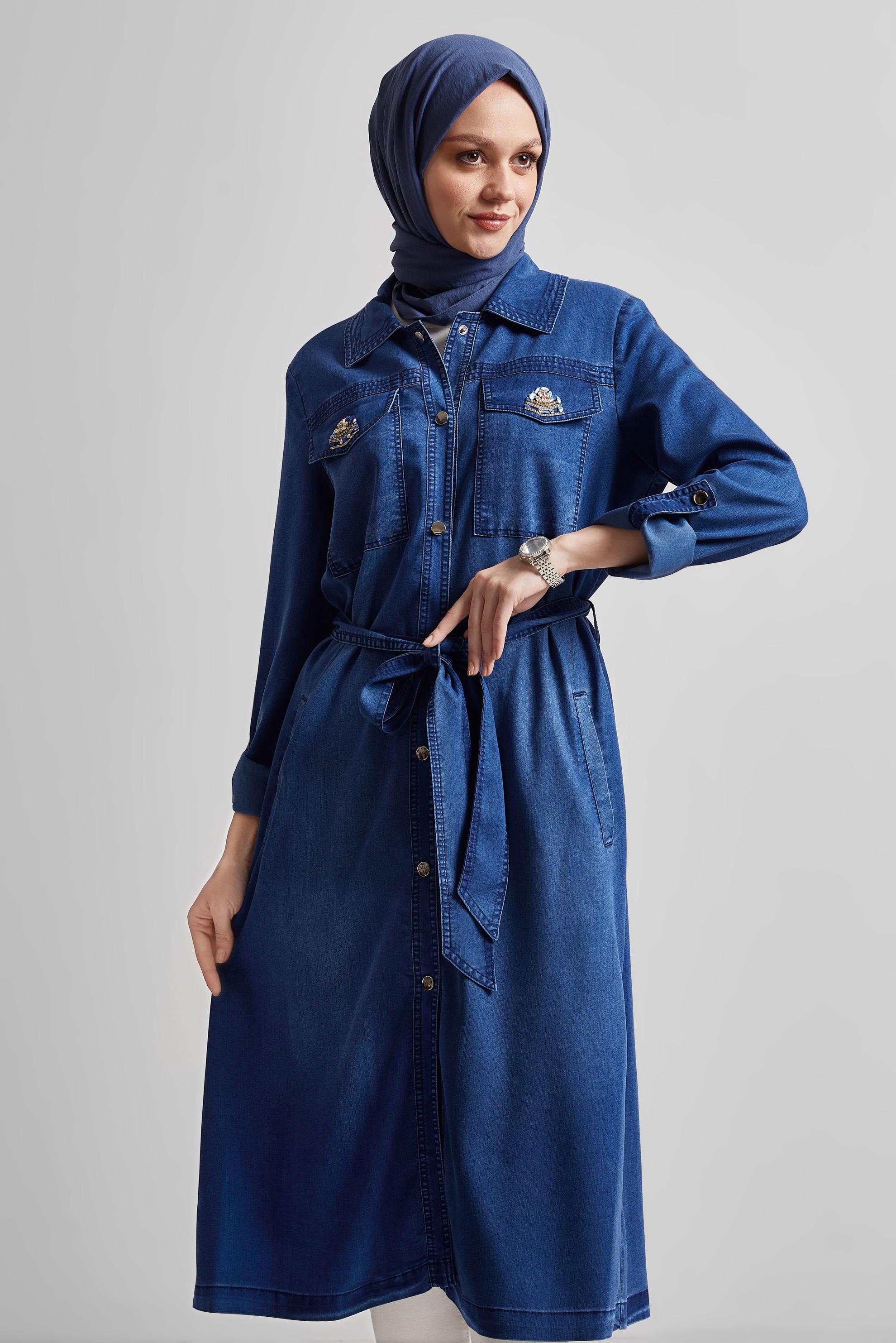 Tesettür giyim LACİVERT KUŞAKLI DENİM GİY ÇIK 45477