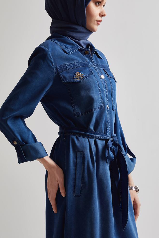 Hijab clothing NAVY BLUE BELTED DENIM JACKET 45477 - ALVİNA
