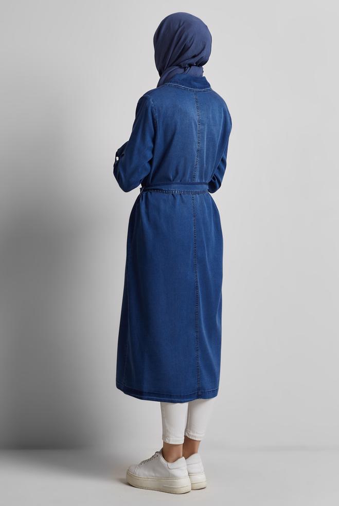 Hijab clothing NAVY BLUE BELTED DENIM JACKET 45477 - ALVİNA