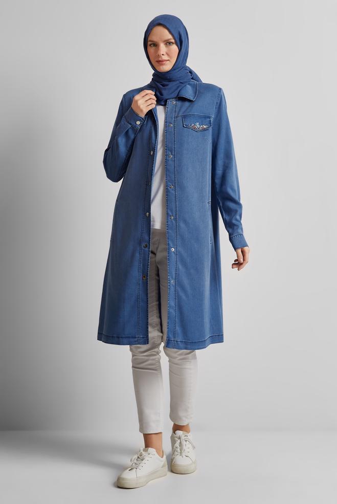 Hijab clothing BLUE DENIM JACKET WITH GEM 45478 - ALVİNA