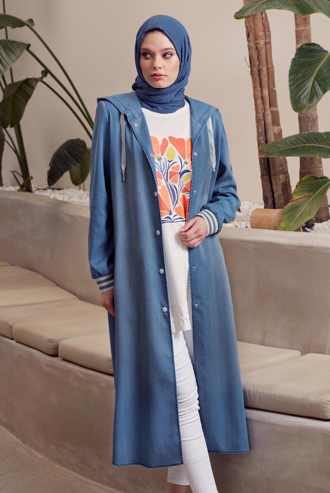 Hijab clothing BLUE HOODED DENIM JACKET 45544 - ALVİNA