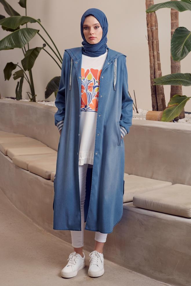 Hijab clothing BLUE HOODED DENIM JACKET 45544 - ALVİNA