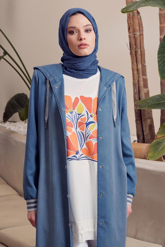 Hijab clothing BLUE HOODED DENIM JACKET 45544 - ALVİNA