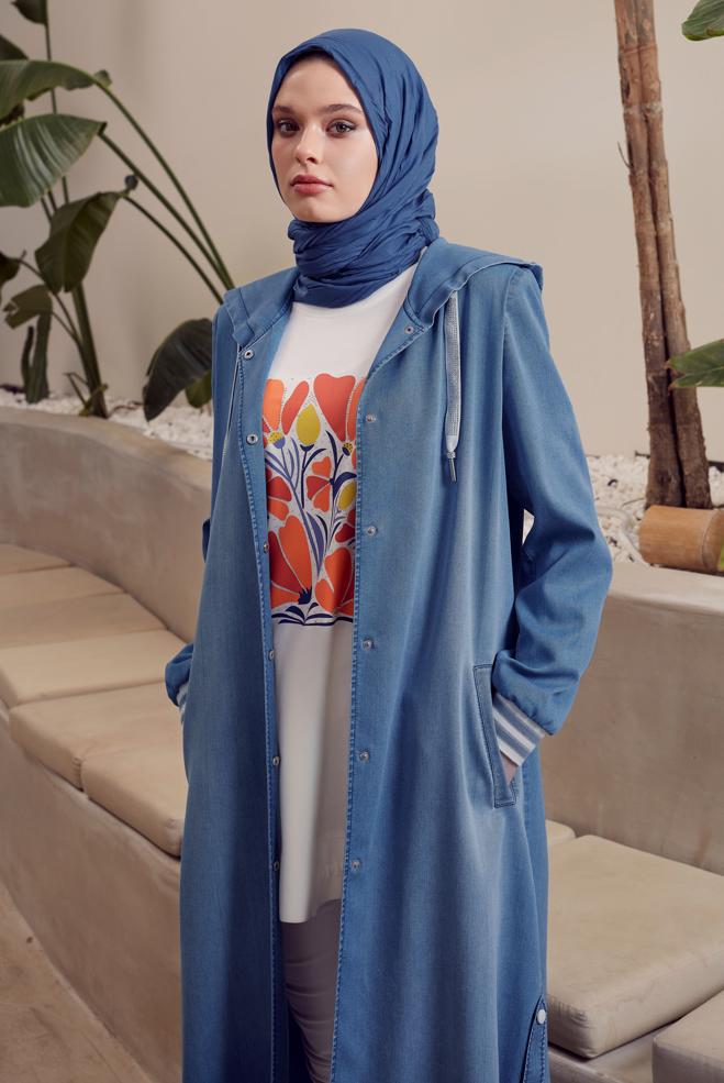 Hijab clothing BLUE HOODED DENIM JACKET 45544 - ALVİNA
