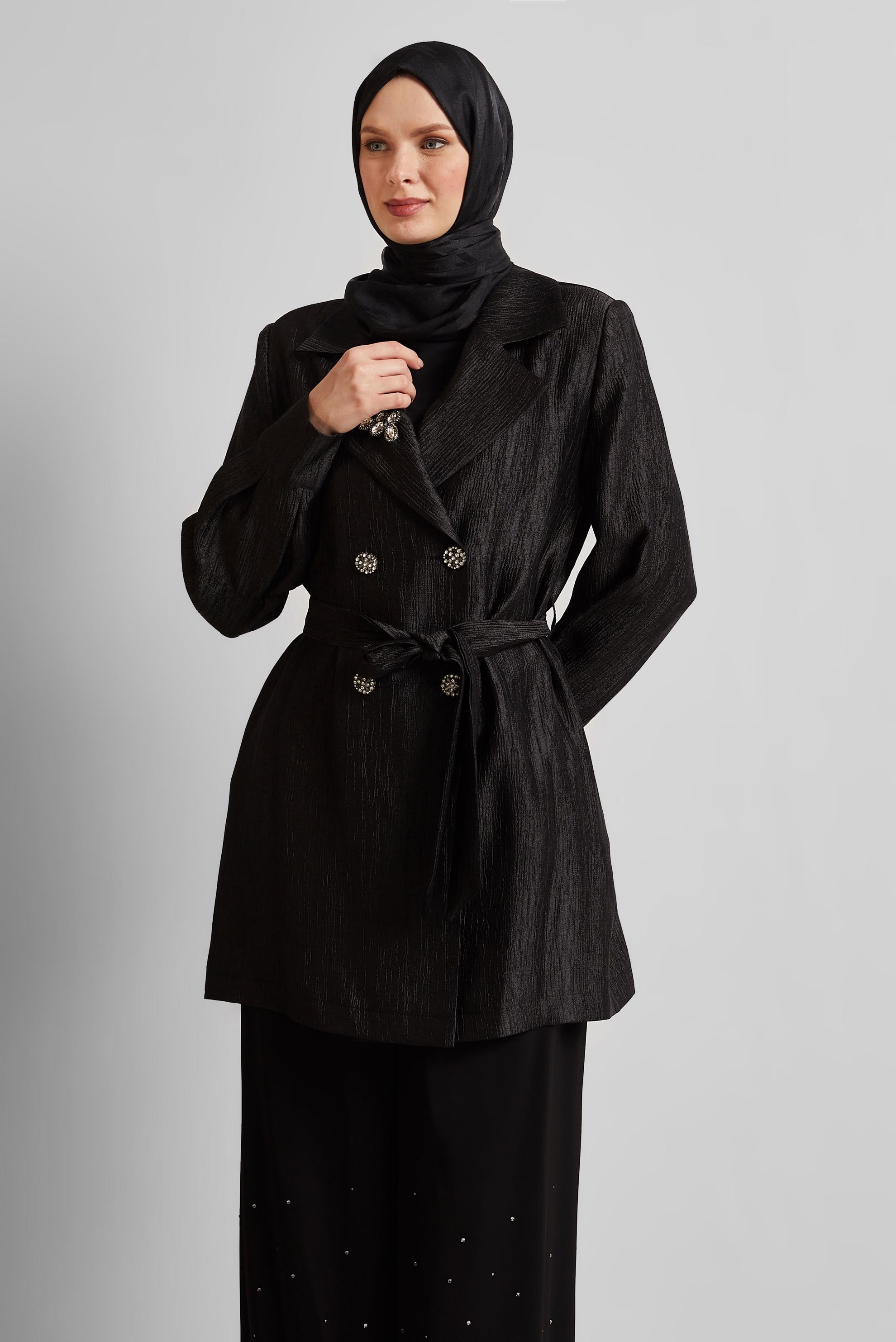 Vêtements hijab NOIR VESTE CEINTURÉE AVEC BROCHE 45546