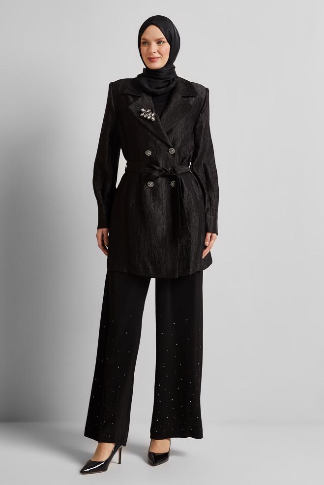 Hijab clothing BLACK BELTED JACKET WITH BROOCH 45546 - ALVİNA
