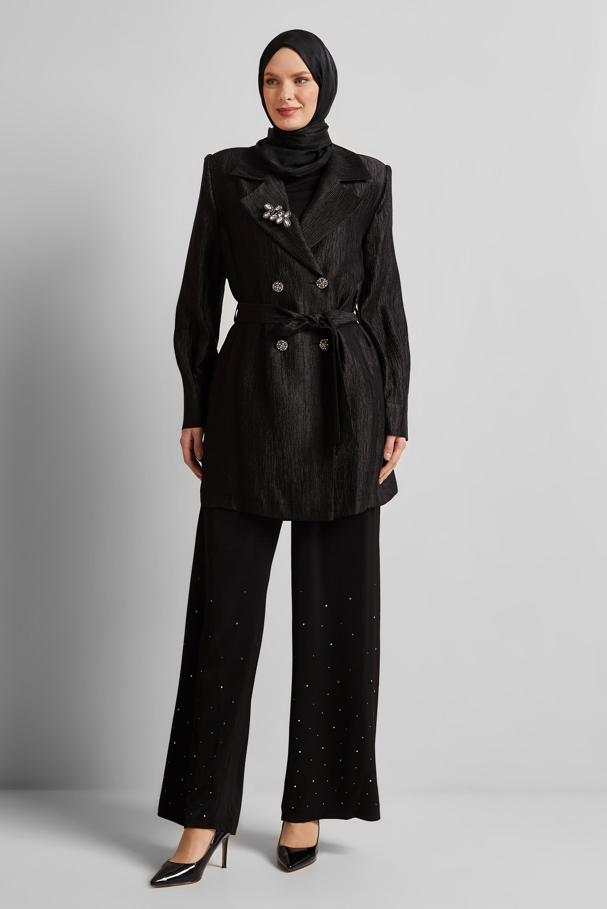 Vêtements hijab NOIR VESTE CEINTURÉE AVEC BROCHE 45546