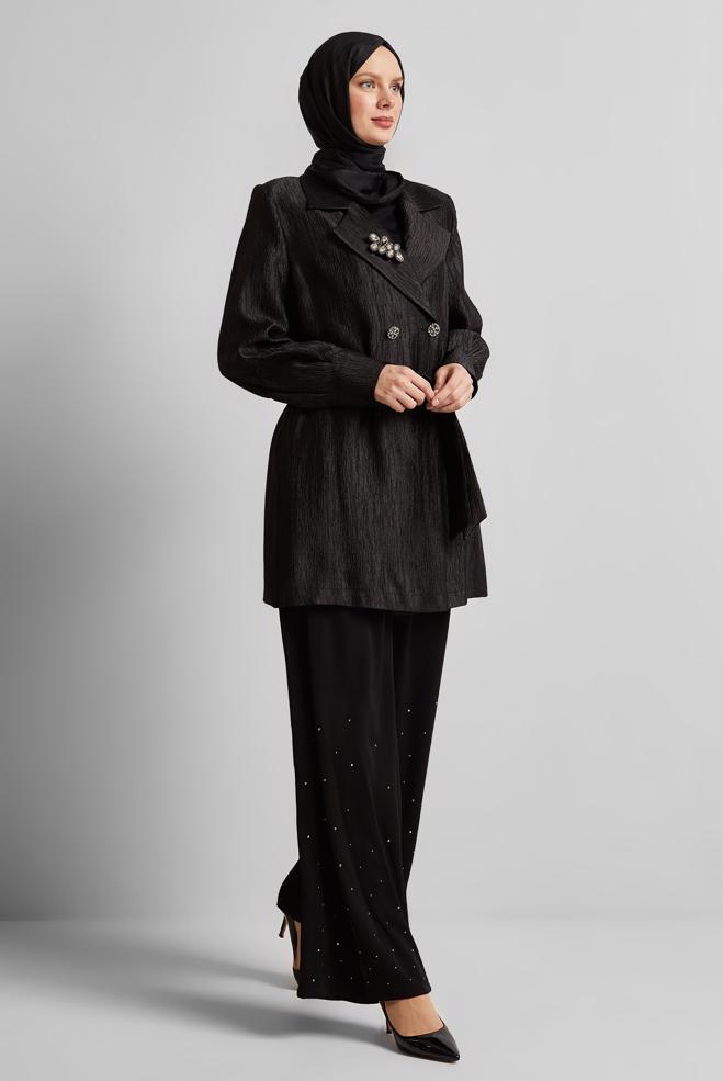 Hijab clothing BLACK BELTED JACKET WITH BROOCH 45546 - ALVİNA