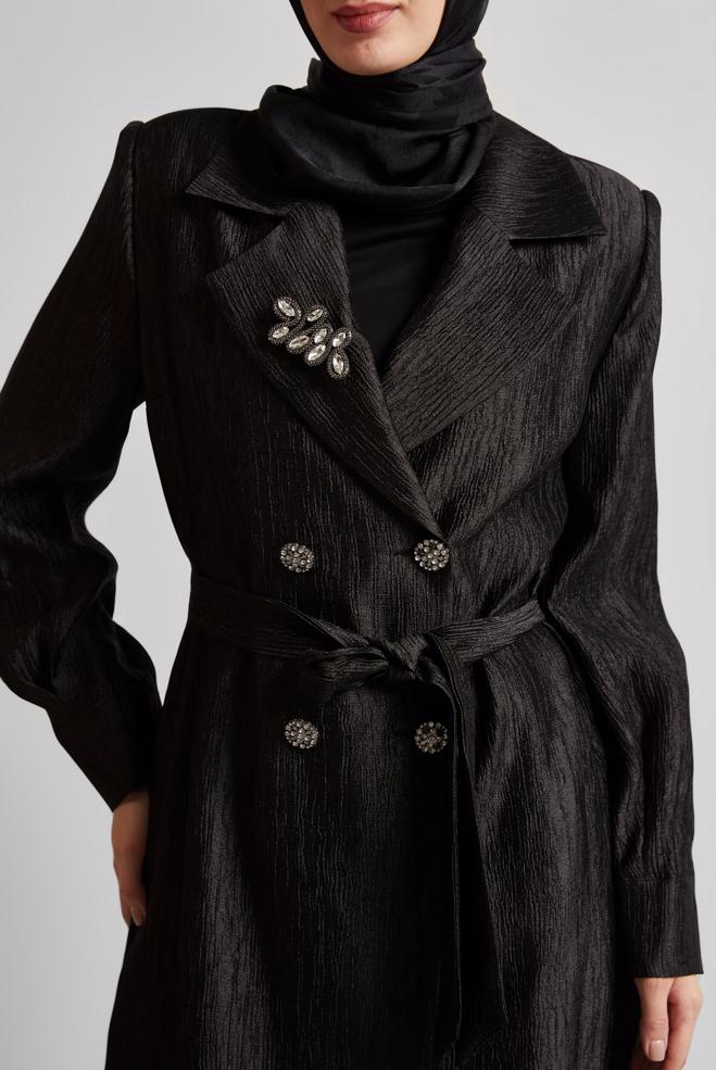 Hijab clothing BLACK BELTED JACKET WITH BROOCH 45546 - ALVİNA