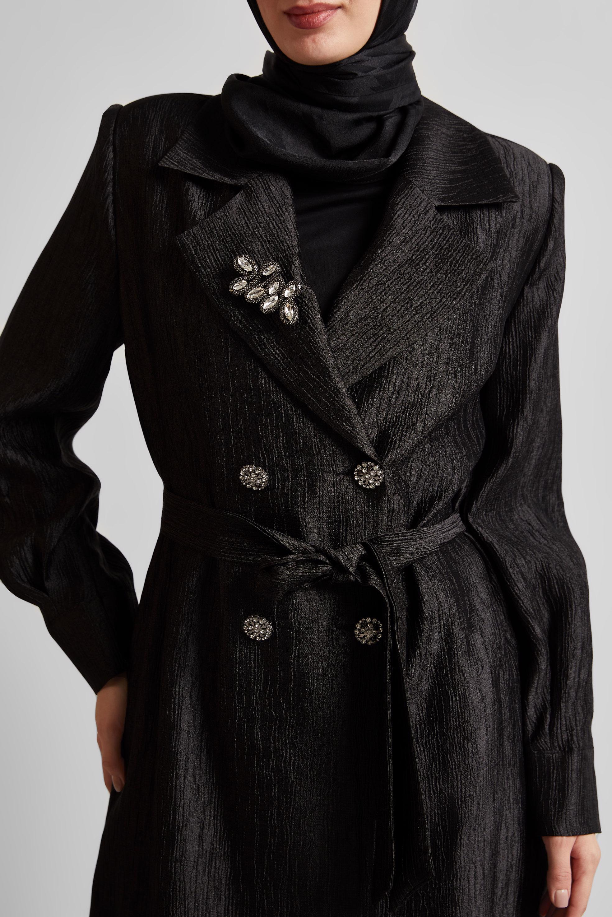 Vêtements hijab NOIR VESTE CEINTURÉE AVEC BROCHE 45546