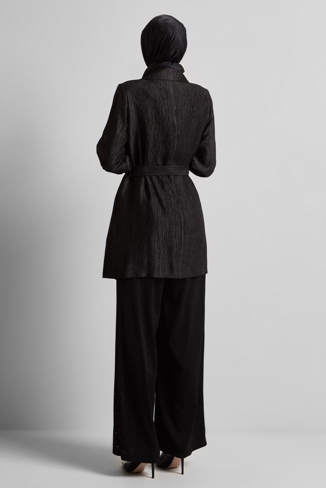 Hijab clothing BLACK BELTED JACKET WITH BROOCH 45546 - ALVİNA