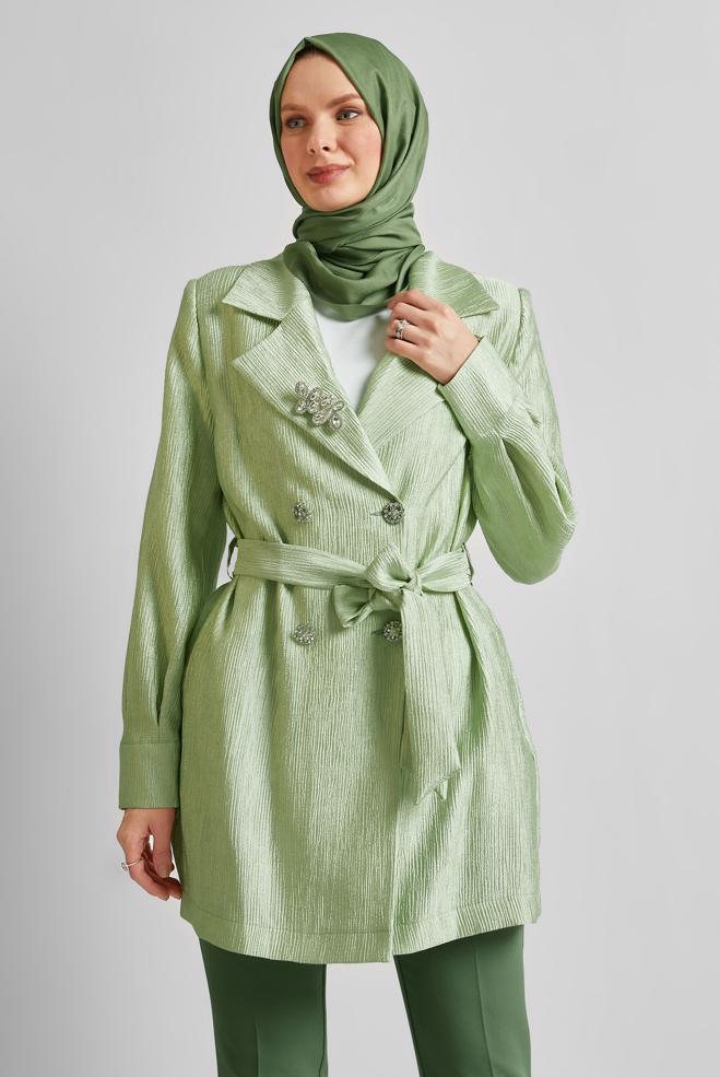 Hijab clothing GREEN BELTED JACKET WITH BROOCH 45546 - ALVİNA