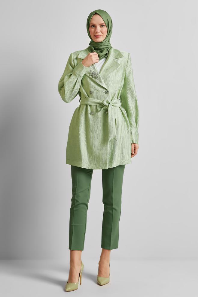 Hijab clothing GREEN BELTED JACKET WITH BROOCH 45546 - ALVİNA
