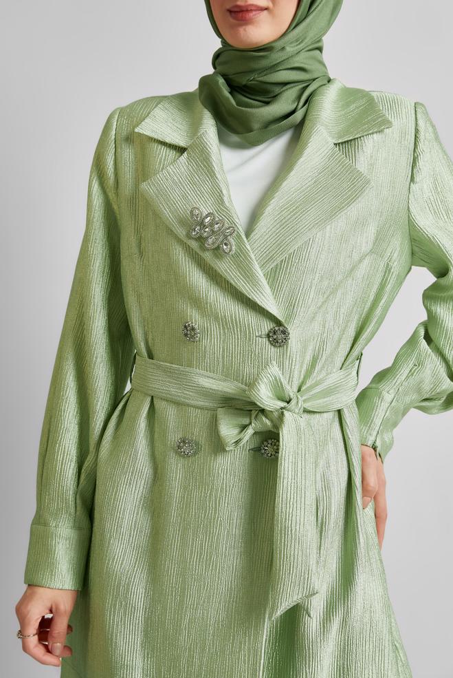 Hijab clothing GREEN BELTED JACKET WITH BROOCH 45546 - ALVİNA