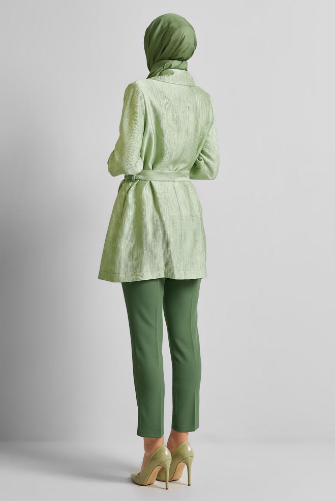 Hijab clothing GREEN BELTED JACKET WITH BROOCH 45546 - ALVİNA