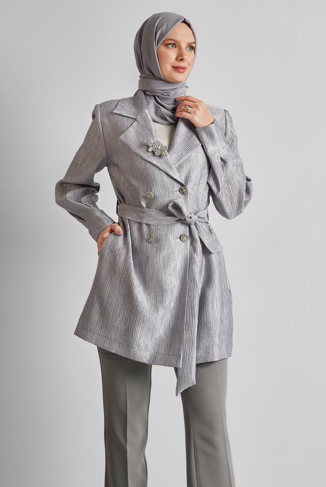 Hijab clothing GREY BELTED JACKET WITH BROOCH 45546 - ALVİNA