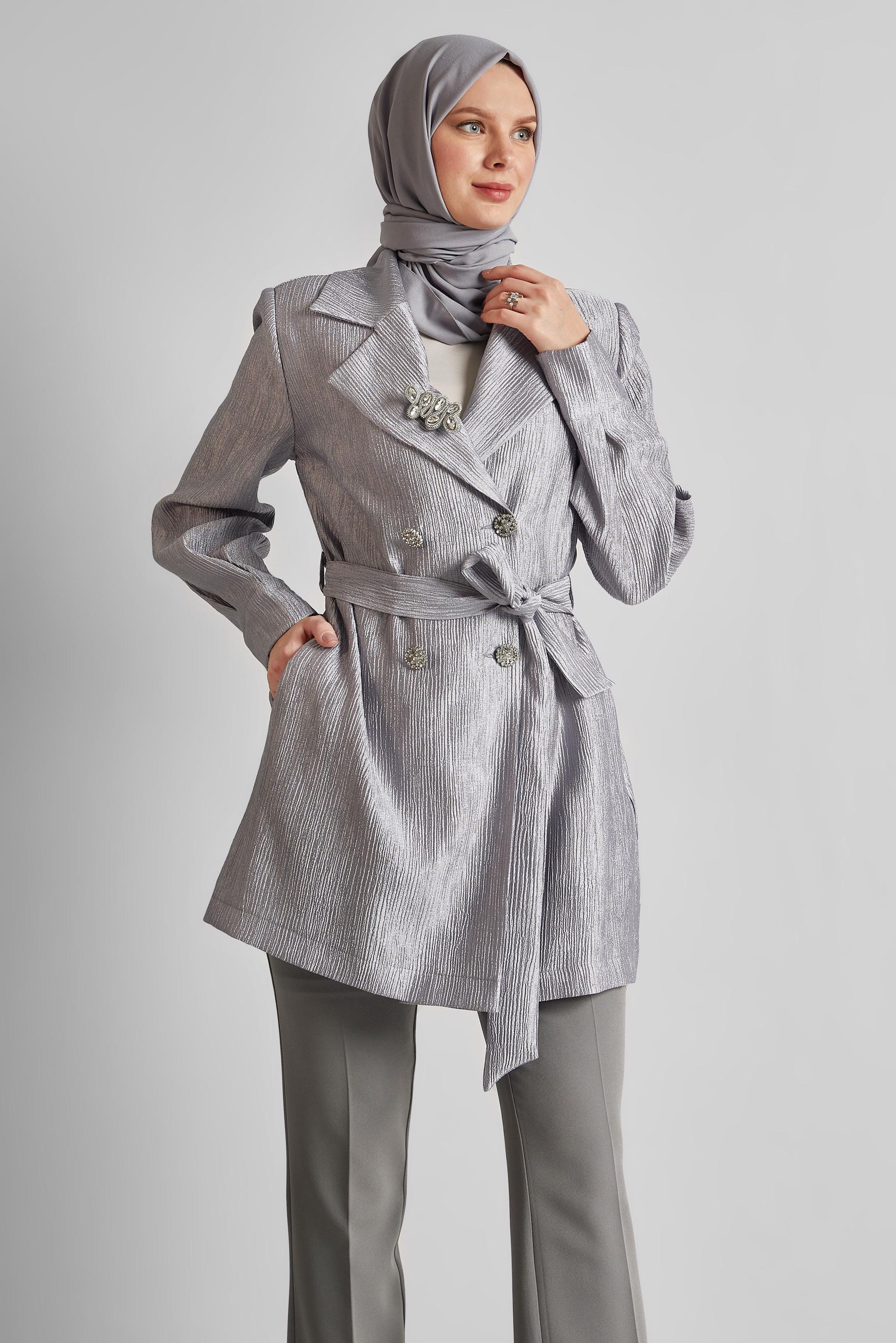 Vêtements hijab GRIS VESTE CEINTURÉE AVEC BROCHE 45546