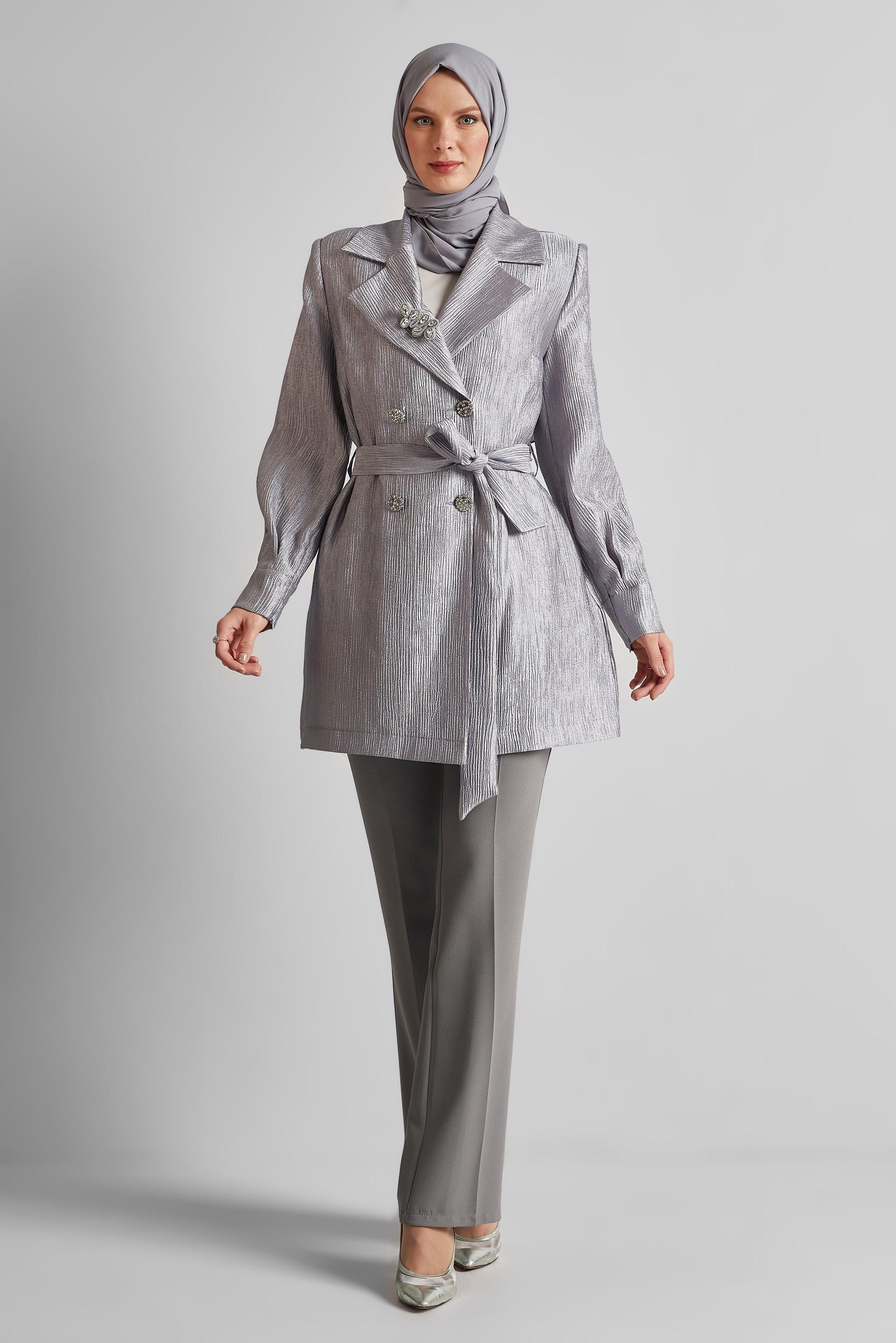 Vêtements hijab GRIS VESTE CEINTURÉE AVEC BROCHE 45546