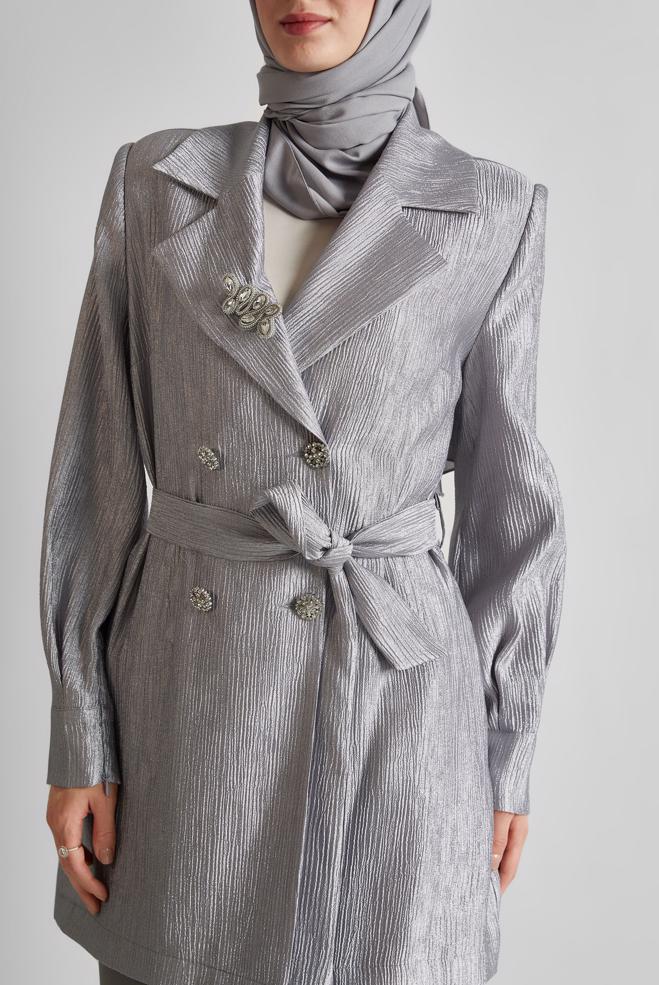 Hijab clothing GREY BELTED JACKET WITH BROOCH 45546 - ALVİNA