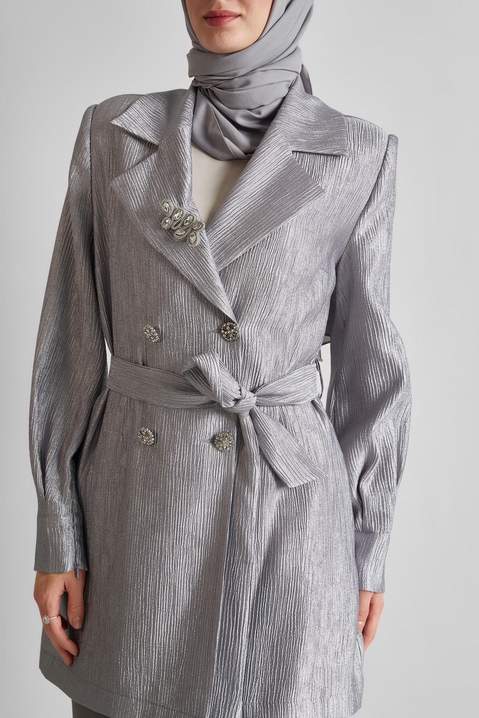 Vêtements hijab GRIS VESTE CEINTURÉE AVEC BROCHE 45546