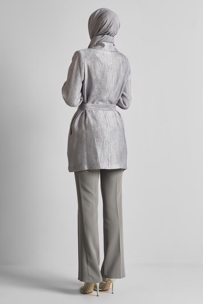 Hijab clothing GREY BELTED JACKET WITH BROOCH 45546 - ALVİNA