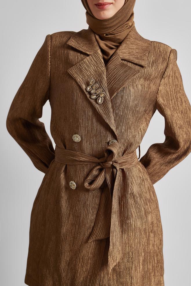 Hijab clothing BROWN BELTED JACKET WITH BROOCH 45546 - ALVİNA