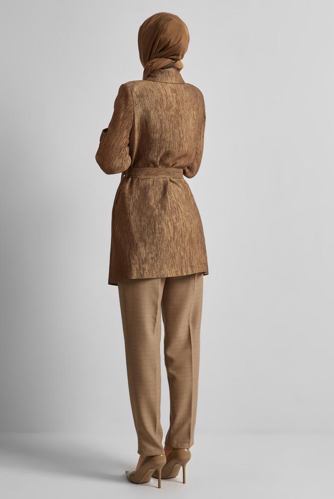 Hijab clothing BROWN BELTED JACKET WITH BROOCH 45546 - ALVİNA