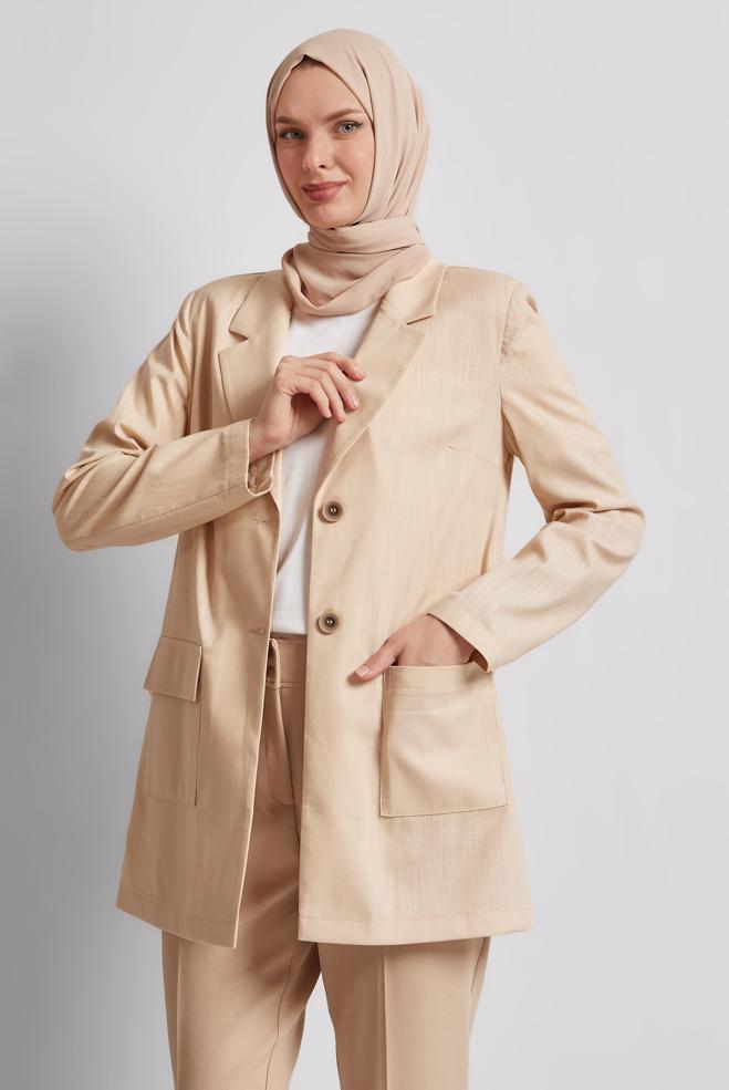 Hijab clothing BEIGE DOUBLE BREASTED JACKET 45549 - ALVİNA