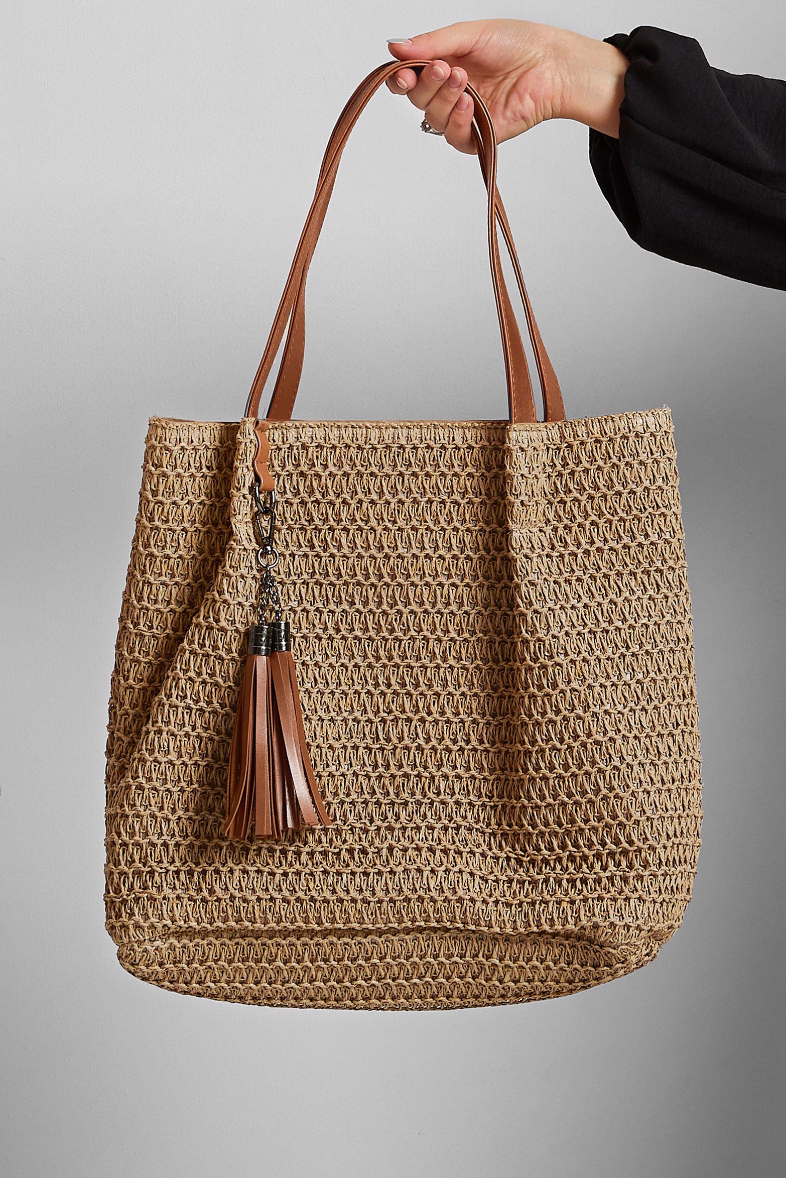 Tesettür giyim VİZON ALVİNA HASIR ÇANTA 2179