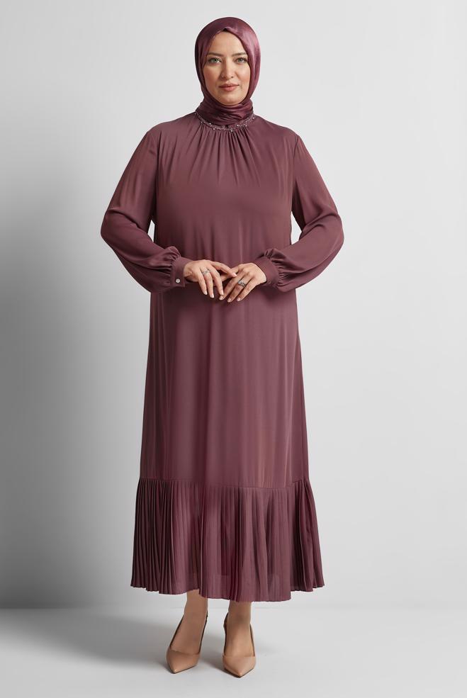Tesettür giyim PEMBE PİLİSE DETAYLI BÜYÜK BEDEN ELBİSE 20541 - ALVİNA