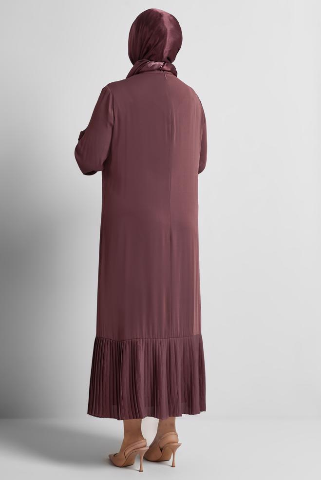 Tesettür giyim PEMBE PİLİSE DETAYLI BÜYÜK BEDEN ELBİSE 20541 - ALVİNA