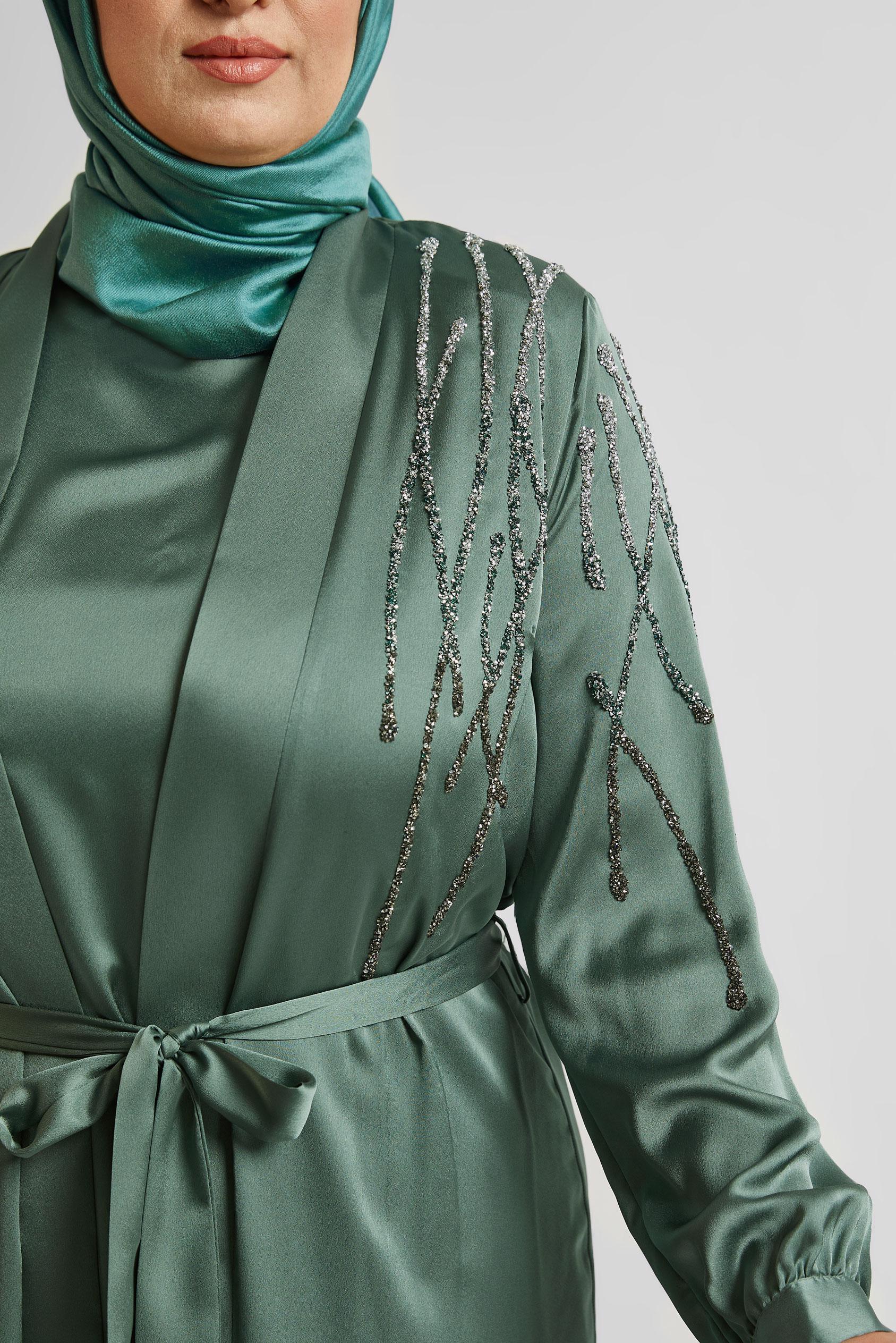 Tesettür giyim YEŞİL ABAYALI ELBİSELİ BÜYÜK BEDEN SATEN TAKIM 20544