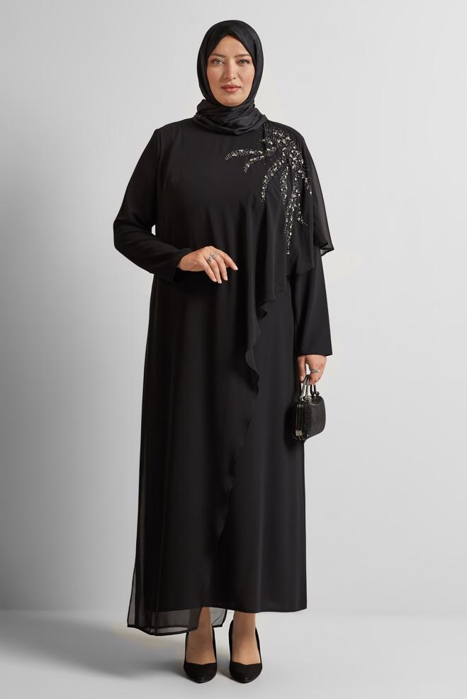 Tesettür giyim SİYAH TAŞLI BÜYÜK BEDEN ELBİSE 20562 - ALVİNA