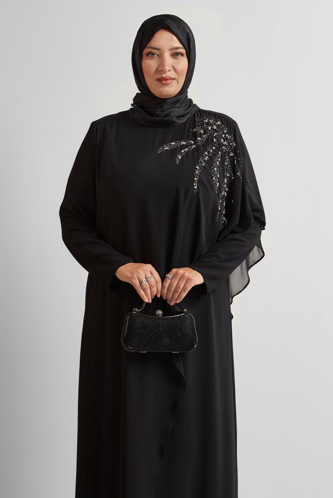 Tesettür giyim SİYAH TAŞLI BÜYÜK BEDEN ELBİSE 20562 - ALVİNA