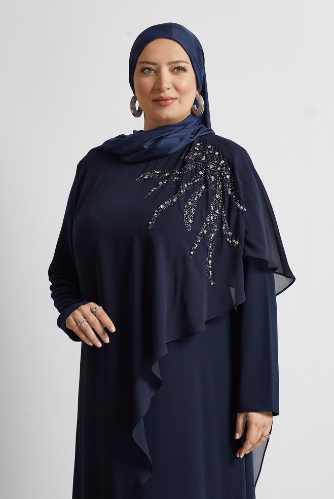 Tesettür giyim LACİVERT TAŞLI BÜYÜK BEDEN ELBİSE 20562 - ALVİNA