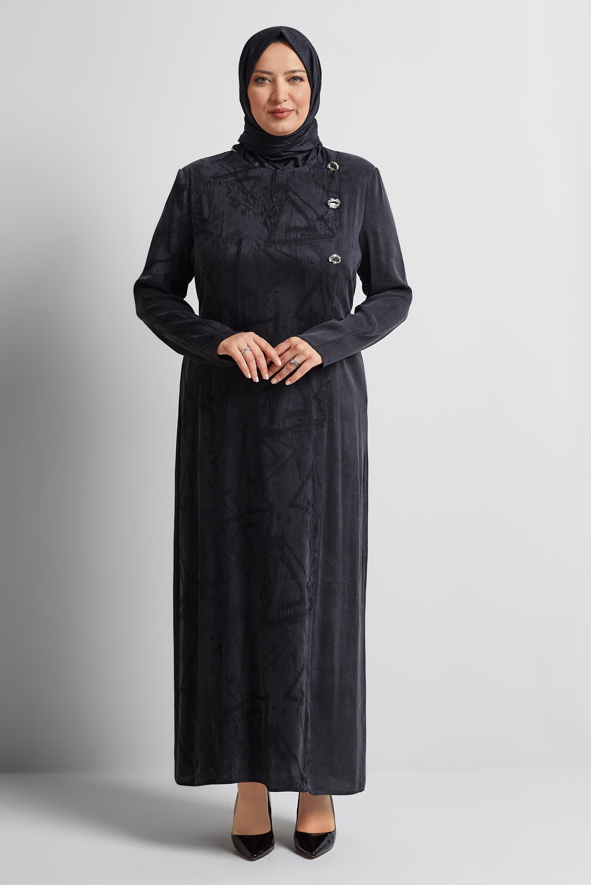 Tesettür giyim SİYAH KUŞAKLI BÜYÜK BEDEN ELBİSE 20639