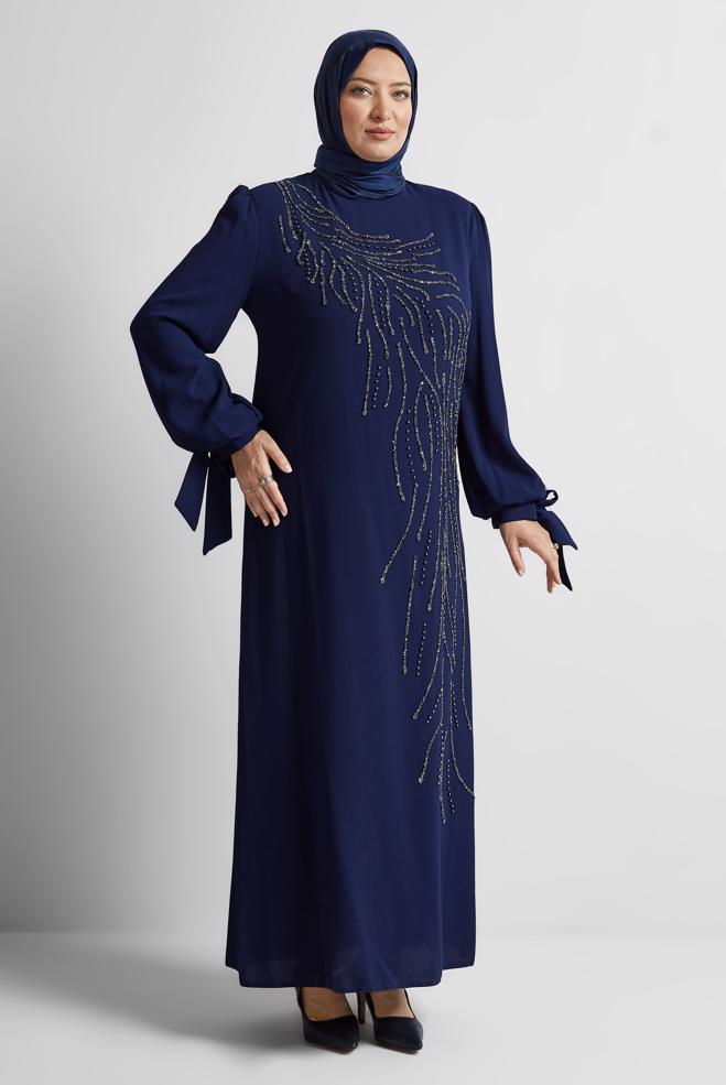 Tesettür giyim LACİVERT BONCUK BASKILI BÜYÜK BEDEN ELBİSE 20700 - ALVİNA