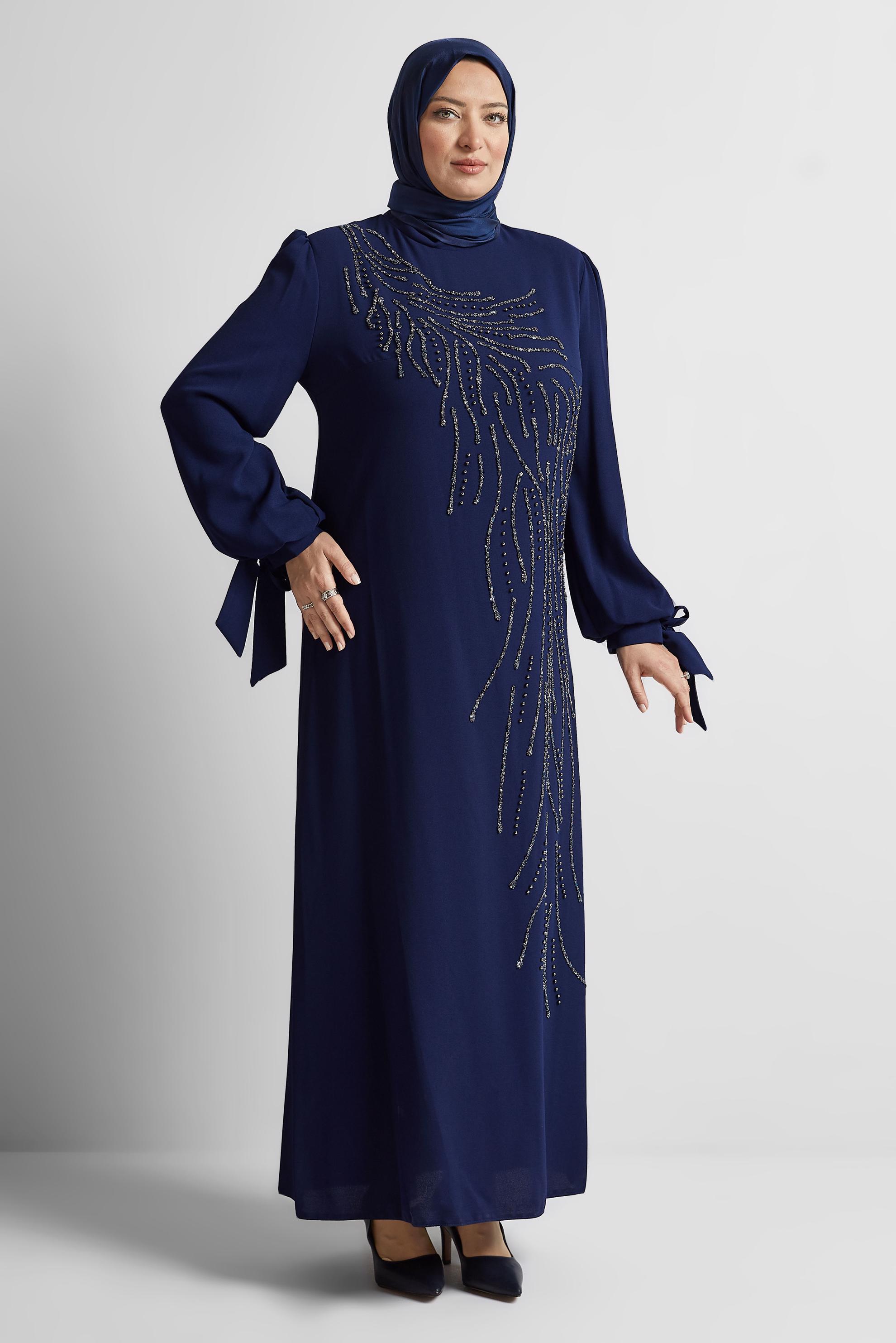 Tesettür giyim LACİVERT BONCUK BASKILI BÜYÜK BEDEN ELBİSE 20700
